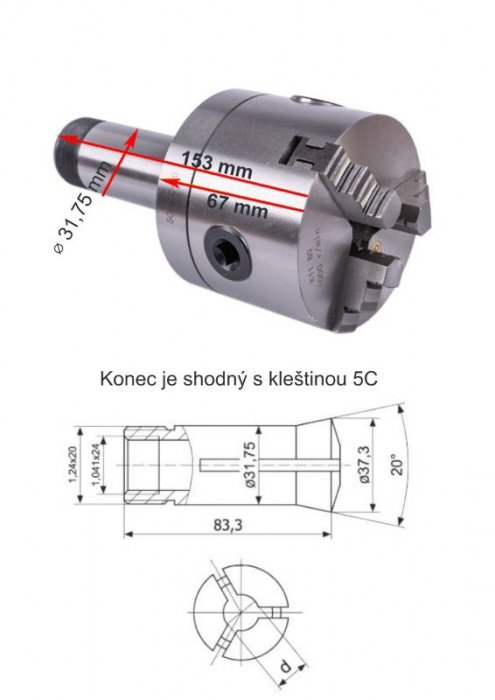 PROMA 25004107 Univerzální 3-čelisťové sklíčidlo pr 80 mm s upnutím pro kleštinu 5C
